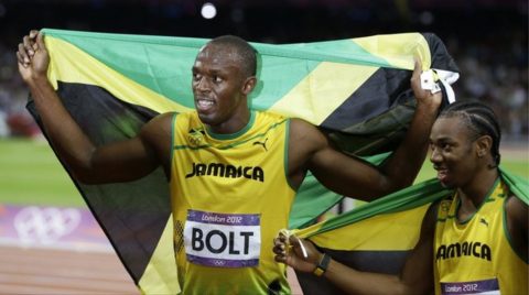 podium 100 mètres usain bolt et blake vainqueur