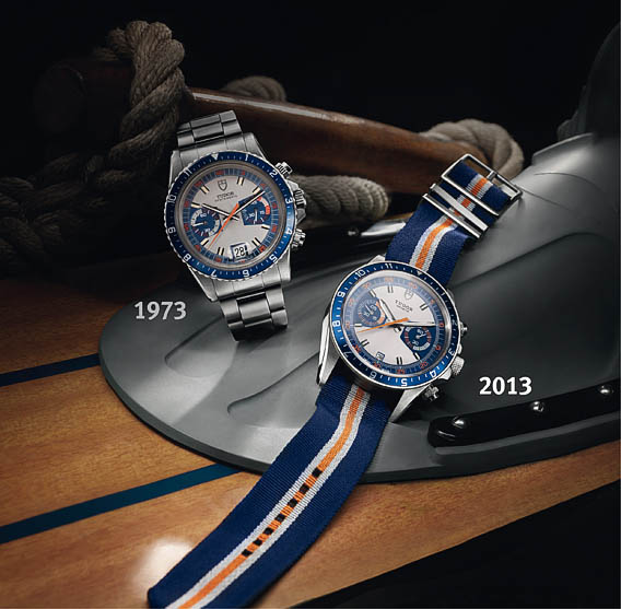 Montre Tudor Heritage Chrono Blue et son ainée le chronographe Tudor Montecarlo, référence 7169,copyright Tudor #Baselworld 2013