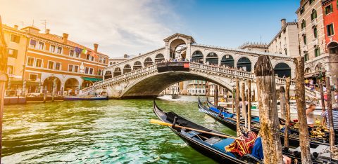 Canal Grande with Rialto Bridge at sunset, Venice, Italy